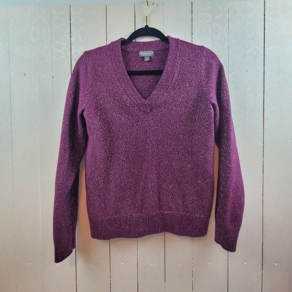 Style&Co Womens Purple Metallic Shimmer V-Neck Knit Sweater Small Plum Silver